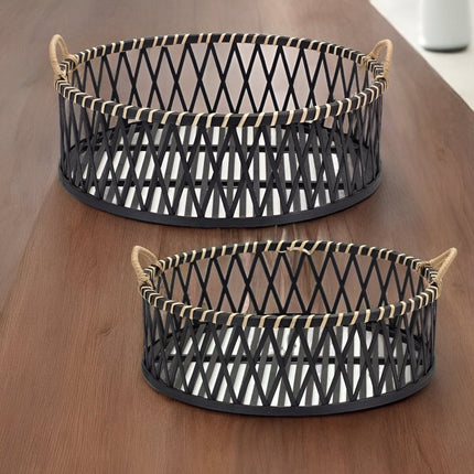 Set of Two Black and Tan Round Bamboo Serving Tray With Handles