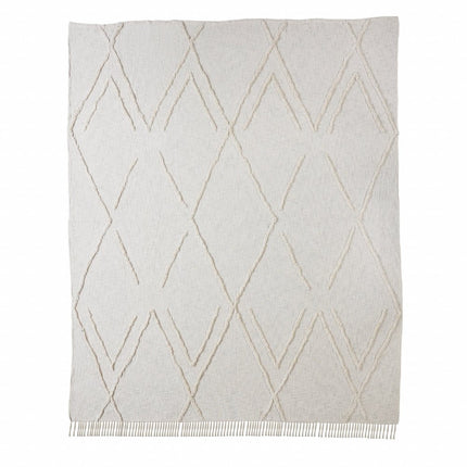 Ivory Geometric Queen Cotton Coverlet With Fringe