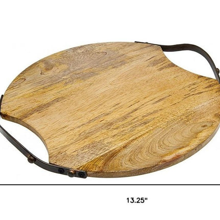 13" Natural Brown Round Wood and Metal Tray