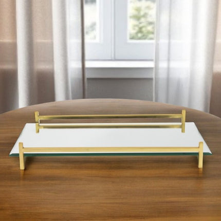 16" Mirror and Gold Rectangular Glass Vanity Tray