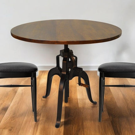 Adjustable Height Brown And Black Solid Wood And Iron Pedestal Base Round Top Dining Table