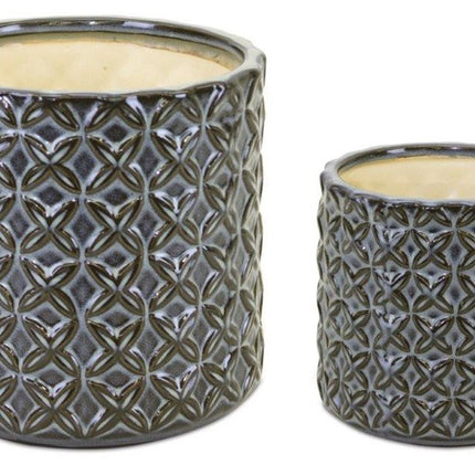 Set of Two Brown And Gray Clay 7 Ounce Geometric Round Pot Planters