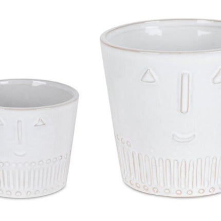 Set of Two White Porcelain 4 Ounce Abstract Face Pot Planters