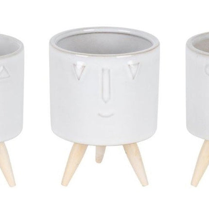 Set of Three White Porcelain 1 Ounce Round Funny Face Pot Planters With Stands