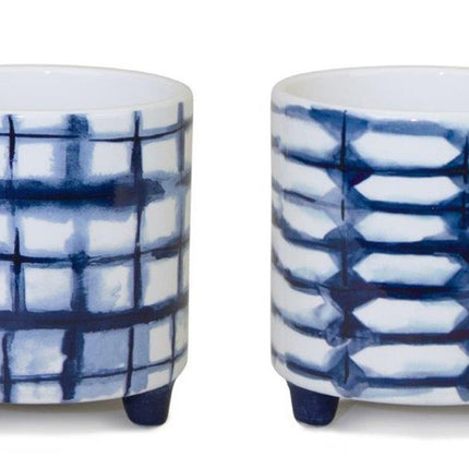 Set of Two Cobalt And White Ceramic 2 Ounce Round Footed Pot Planters