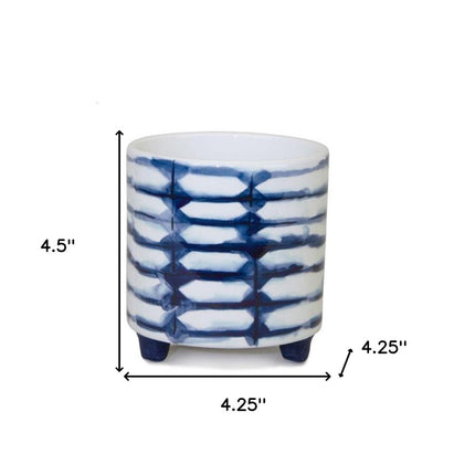 Set of Two Cobalt And White Ceramic 2 Ounce Round Footed Pot Planters