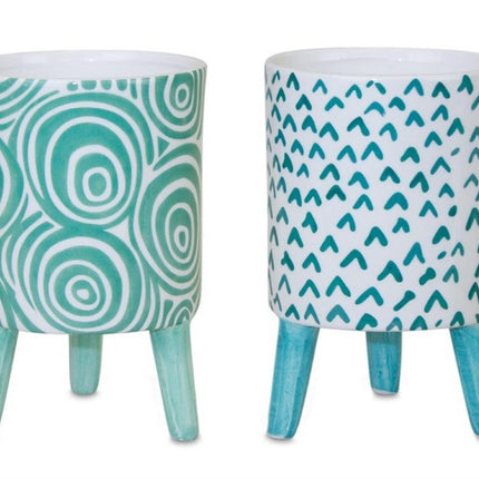Set of Two Aqua Teal And White Ceramic 2 Ounce Chevron Round Distressed Pot Planters