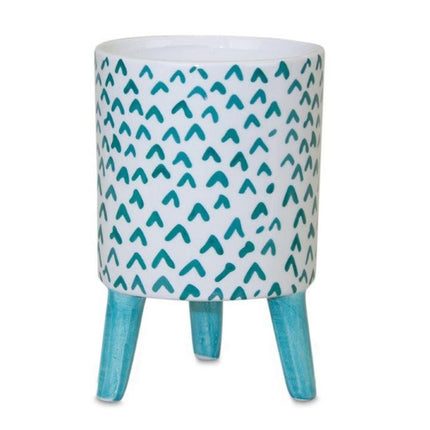 Set of Two Aqua Teal And White Ceramic 2 Ounce Chevron Round Distressed Pot Planters