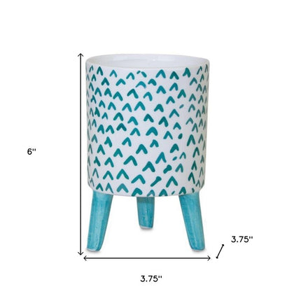 Set of Two Aqua Teal And White Ceramic 2 Ounce Chevron Round Distressed Pot Planters