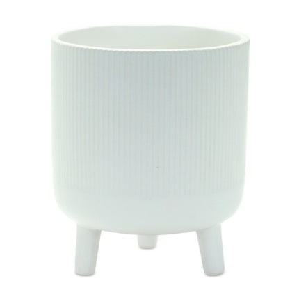 Set of Two White Ceramic Striped Footed Pot Planters