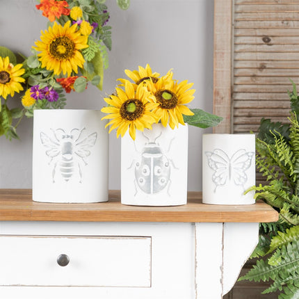 Set of Three White And Gray Metal 9 Ounce Abstract Round Distressed Pot Planters