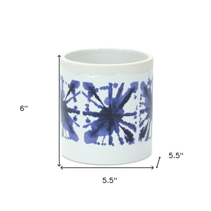 Set of Two White And Blue Ceramic 5 Ounce Abstract Round Pot Planters
