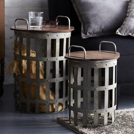 Set of Two 16" Grey And Brown Round End Tables