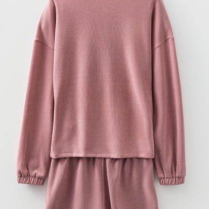 Fushia Solid Color Textured Knit Drop Shoulder Pullover Drawstring Shorts Set