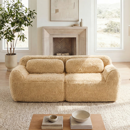 2-seater Modular Sectional Sofa Couches,Soft Fluffy Plush Fabric Bottom Anti-Slip Design,32D High Density Sponge,No Assembly Required Ergonomic Design,With Throw Pillows  For Study,Light Khaki