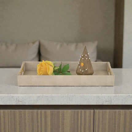 16" Cream Wood and Vinyl Faux Shagreen Serving Tray With Gold Handles
