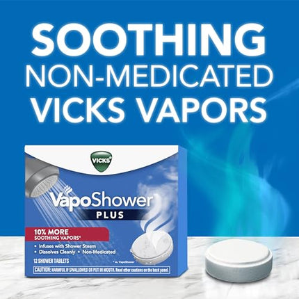 Vicks VapoShower Plus, Shower Bomb Tablets, Strong Soothing Non-Medicated Vapors Steam Aromatherapy with Eucalyptus and Menthol, Contains Essential Oils, 12 Tablets|B08QTZBK5Y