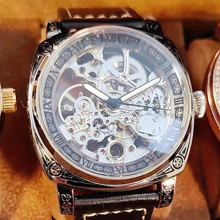 1pc Teen Men'S Yellow Black PU Belt Retro Style Noble Carved Hollow Tourbillon Mechanical Watch,