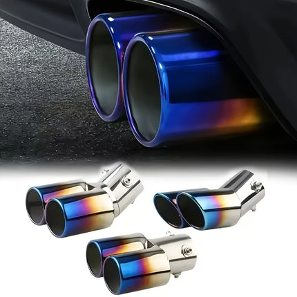 Universal Dual Exhaust Pipe with Blue Tips, Made of Stainless Steel, Designed for