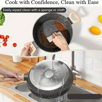 Pots and Pans Set Non Stick, 12pcs Kitchen Cookware Sets Induction Cookware Granite Cooking Set with Frying Pans, Saucepans, Steamer Silicone Shovel Spoon & Tongs