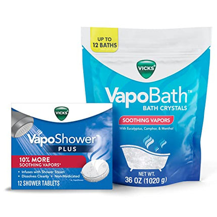 Vicks VapoShower Plus, Shower Bomb Tablets, Soothing Non-Medicated Vapors, 12 Tablets & Vicks VapoBath Bath Crystals, 36 oz Soothing Bath Soaking Solution, Steam Aromatherapy w/Eucalyptus & Menthol|B09MF3CQ2H