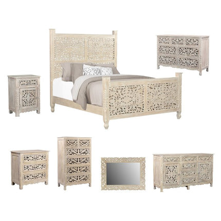 White Carved Floral Distressed Solid Wood Queen Bed Frame