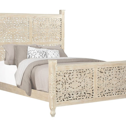 White Carved Floral Distressed Solid Wood Queen Bed Frame