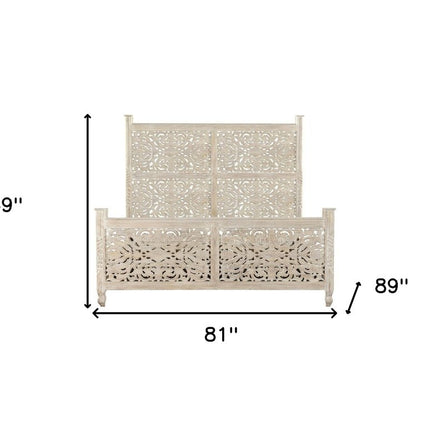 White Carved Floral Distressed Solid Wood King Bed Frame