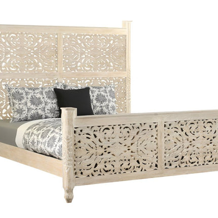 White Carved Floral Distressed Solid Wood King Bed Frame
