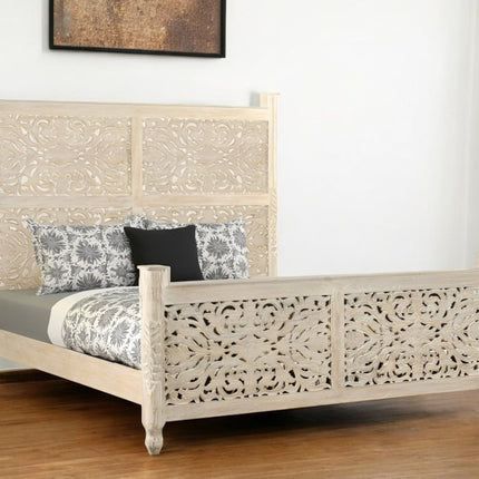 White Carved Floral Distressed Solid Wood King Bed Frame