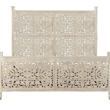 White Carved Floral Distressed Solid Wood King Bed Frame
