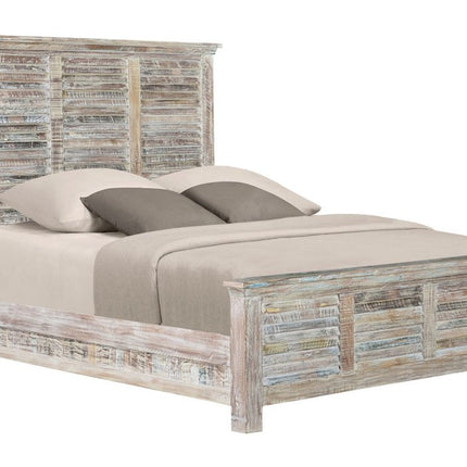 White Carved Geometric Distressed Reclaimed Wood Queen Bed Frame