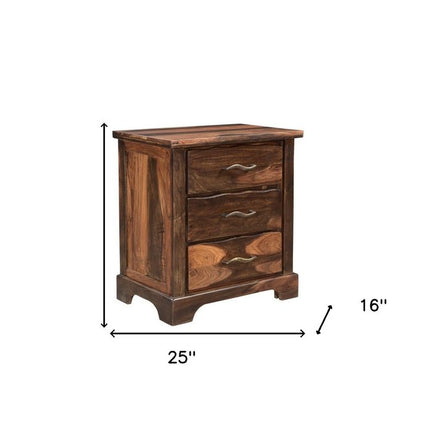 27" Dark Brown Solid Wood Three Drawer Nightstand