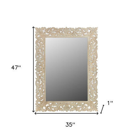 47" Antiqued White Solid Wood Carved Scrollwork Accent Mirror