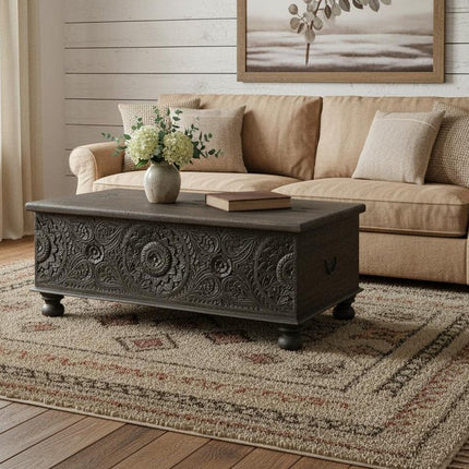 49" Black Solid Wood Distressed Lift Top Coffee Table