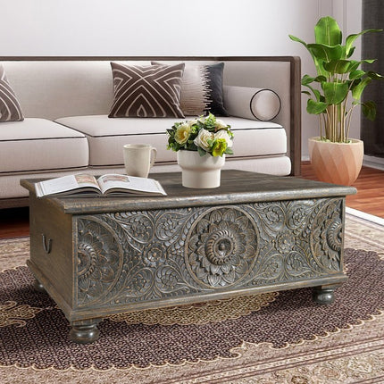 49" Black Solid Wood Distressed Lift Top Coffee Table