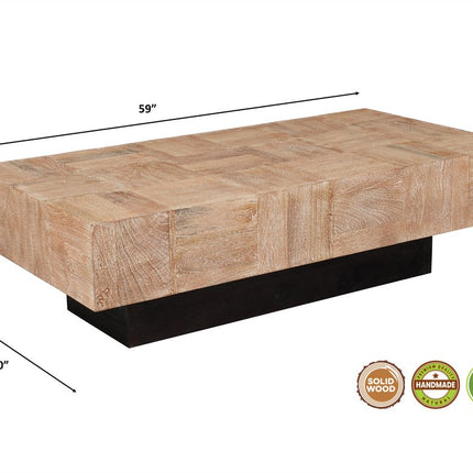 59" Natural and Black Solid Wood Block Coffee Table
