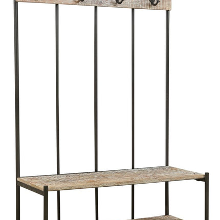 71" Black And Brown Metal And Solid Wood Four Hooks Freestanding Coat Rack