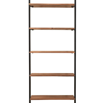 72" Brown Metal and Solid Wood Five Tier Ladder Bookcase