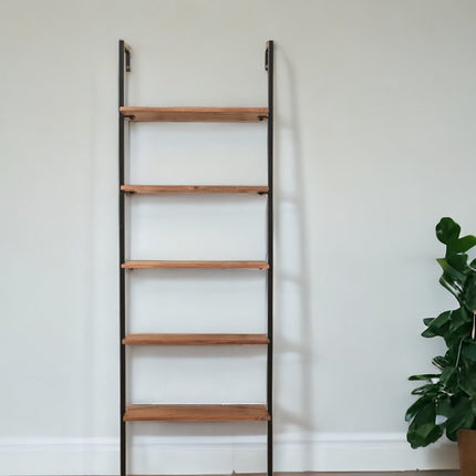 72" Brown Metal and Solid Wood Five Tier Ladder Bookcase