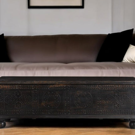 54" Black Solid Wood Distressed Lift Top Solid Coffee Table
