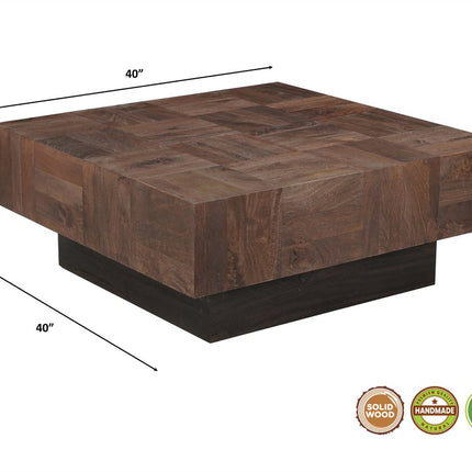 40" Dark Brown and Black Solid Wood Square Block Coffee Table