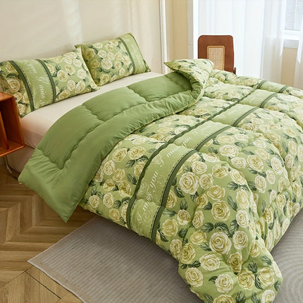 3pcs Fresh Green Rose Floral Comforter Set  Active Print, Multi-directional Quilting, High-Rebound Polyester Filling,