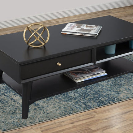 48" Black Solid And Manufactured Wood Coffee Table With Drawer