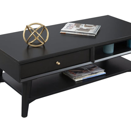 48" Black Solid And Manufactured Wood Coffee Table With Drawer
