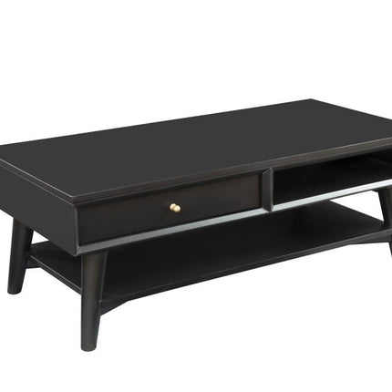48" Black Solid And Manufactured Wood Coffee Table With Drawer