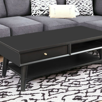 48" Black Solid And Manufactured Wood Coffee Table With Drawer
