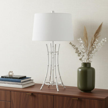 29" Silver Bamboo Design Table Lamp With Off White Drum Shade