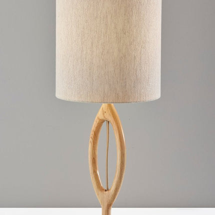28" Natural Solid Wood Round Table Lamp With Beige Drum Shade