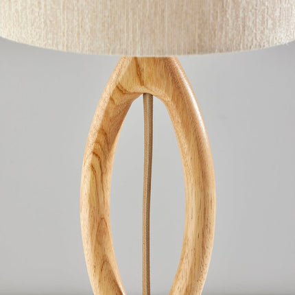 28" Natural Solid Wood Round Table Lamp With Beige Drum Shade